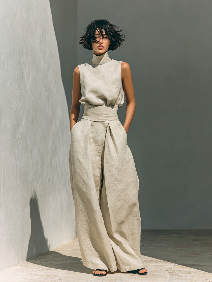 Laurine™ | Ensemble avec top et pantalon large en coton et lin dans un style minimaliste pour femmes