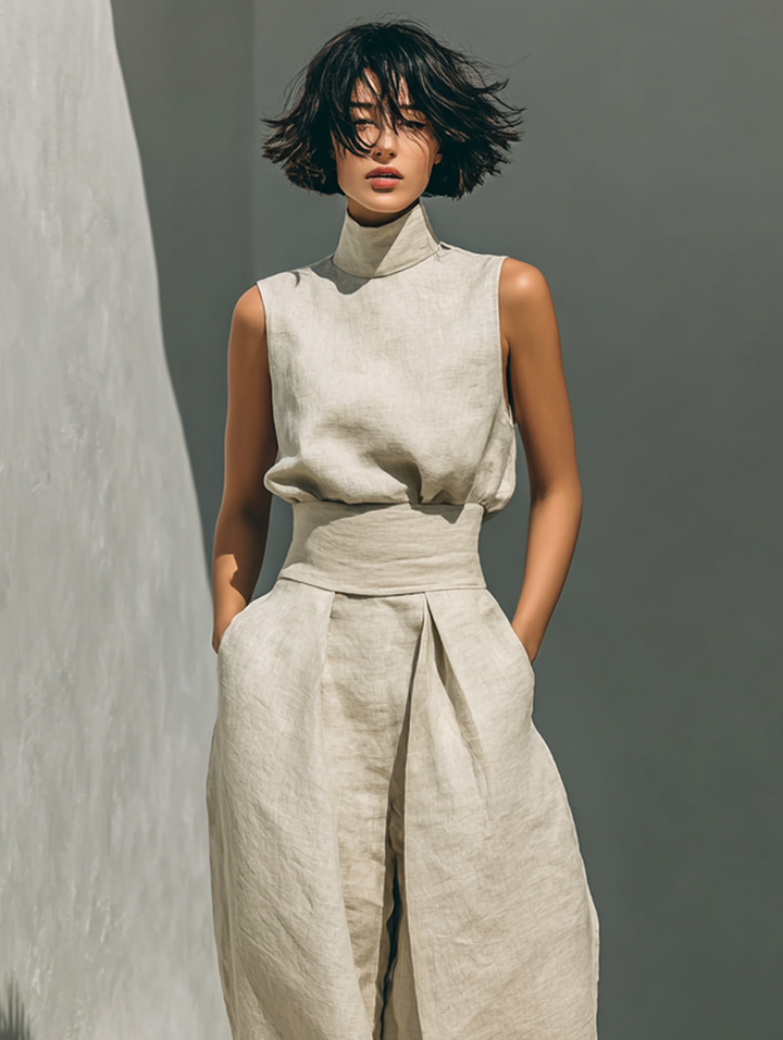 Laurine™ | Ensemble avec top et pantalon large en coton et lin dans un style minimaliste pour femmes