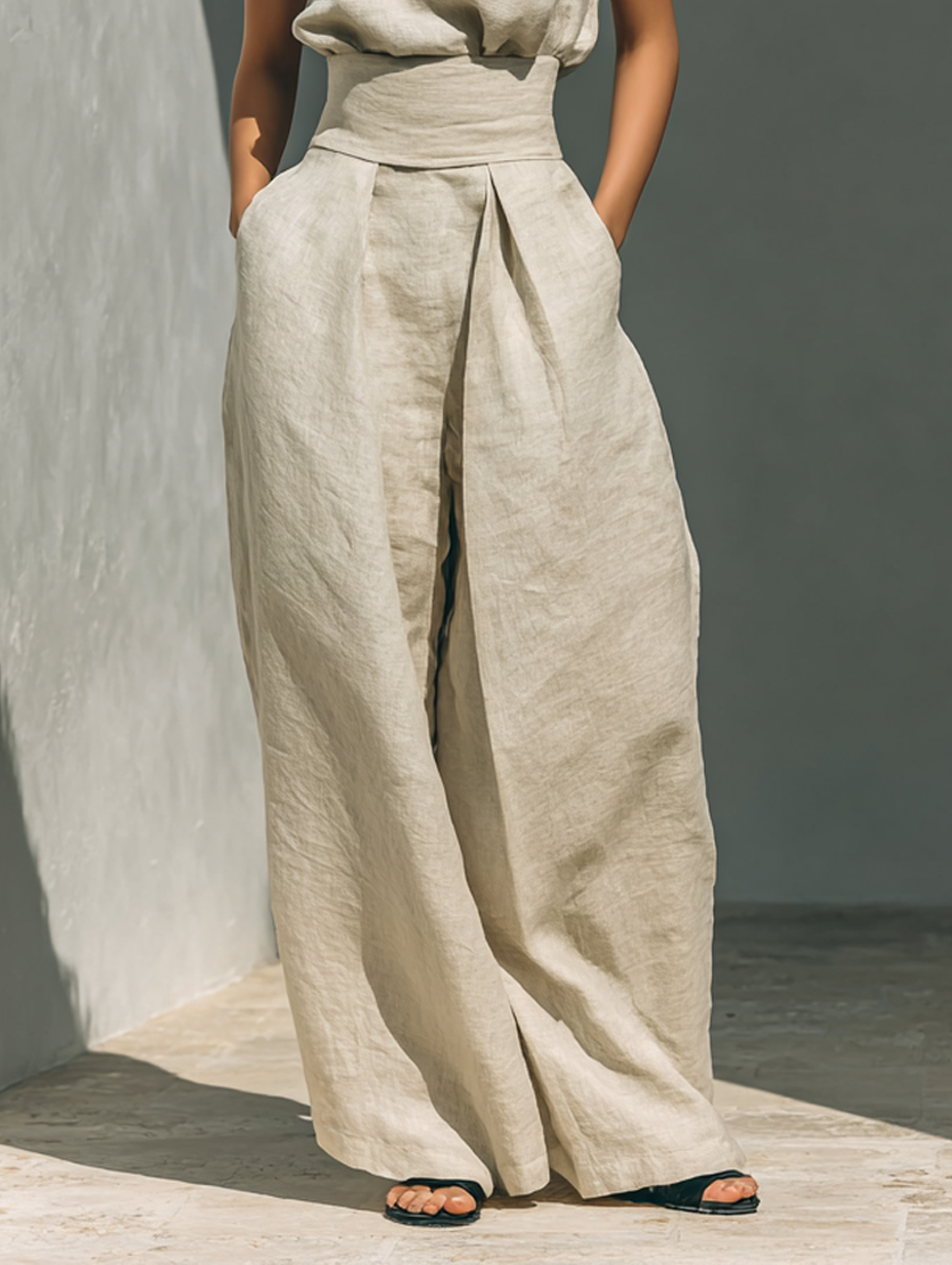 Laurine™ | Ensemble avec top et pantalon large en coton et lin dans un style minimaliste pour femmes