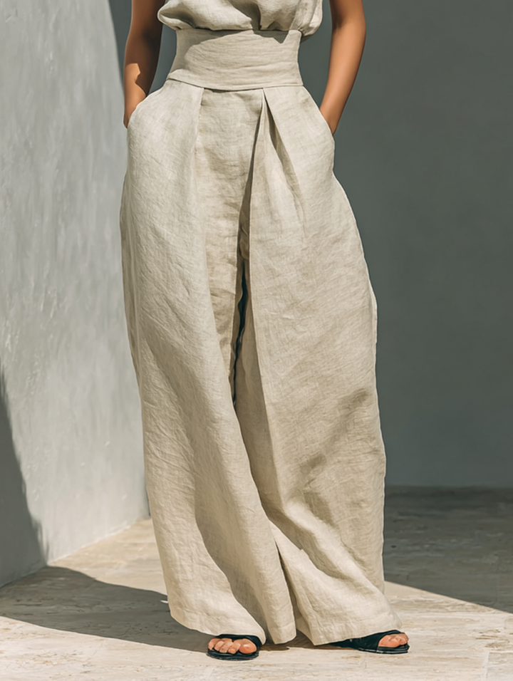 Laurine™ | Ensemble avec top et pantalon large en coton et lin dans un style minimaliste pour femmes