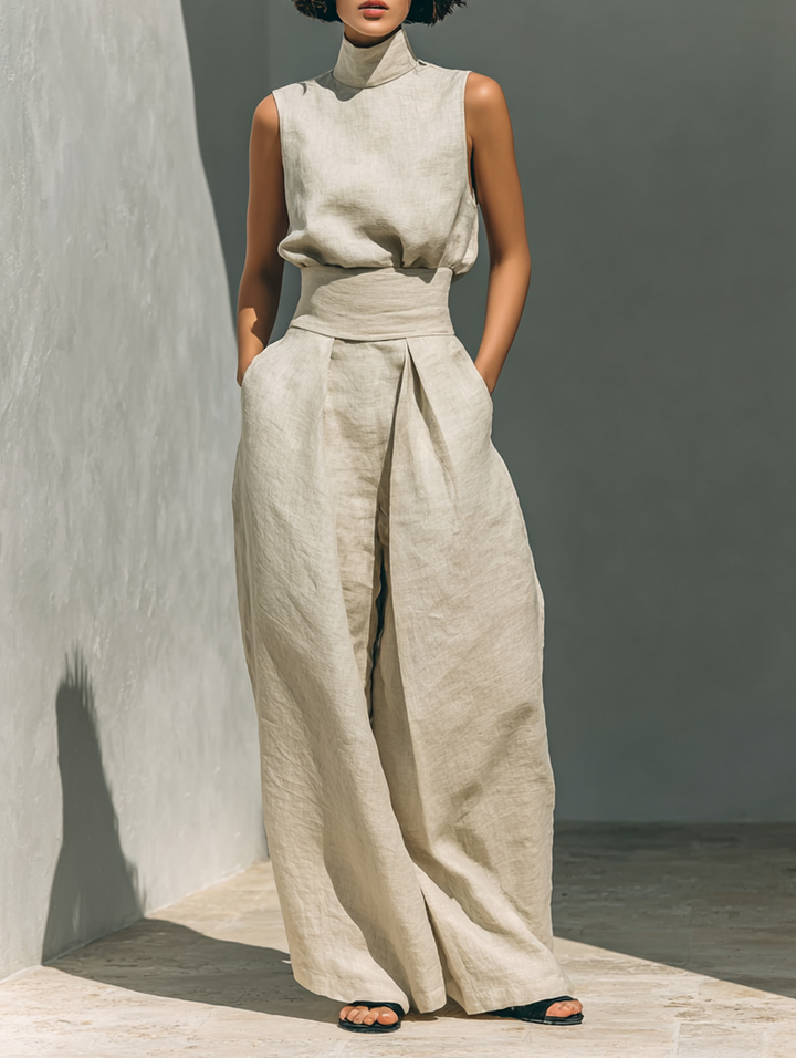 Laurine™ | Ensemble avec top et pantalon large en coton et lin dans un style minimaliste pour femmes