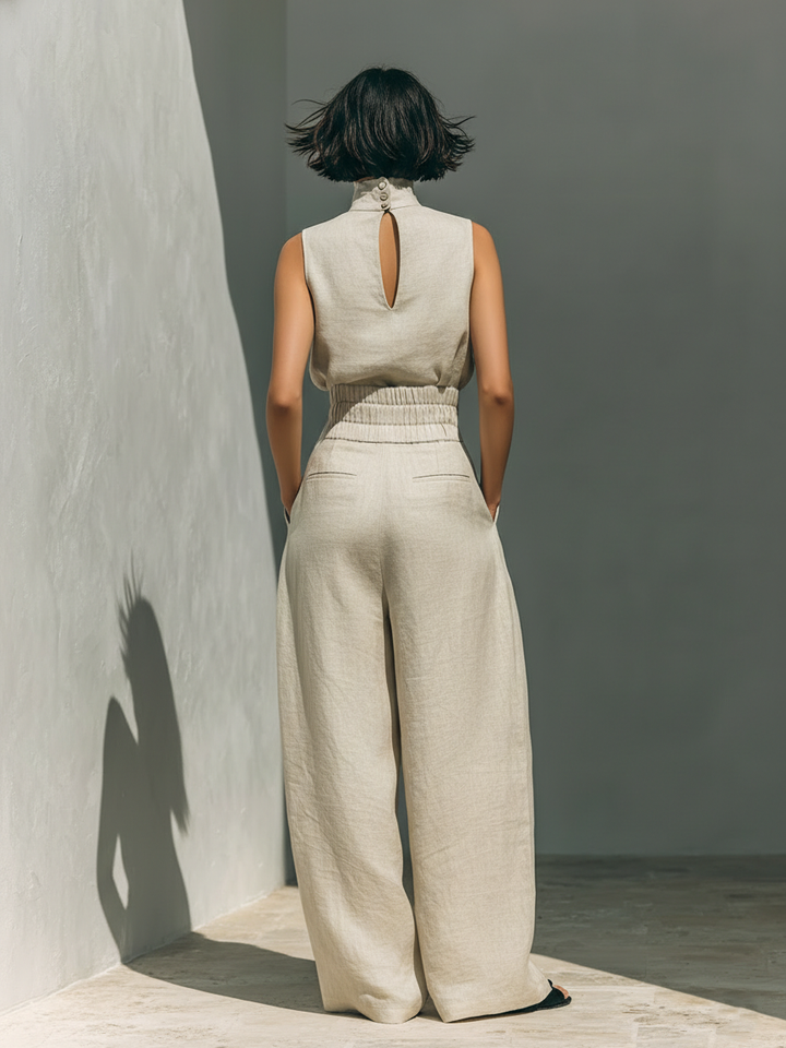 Laurine™ | Ensemble avec top et pantalon large en coton et lin dans un style minimaliste pour femmes
