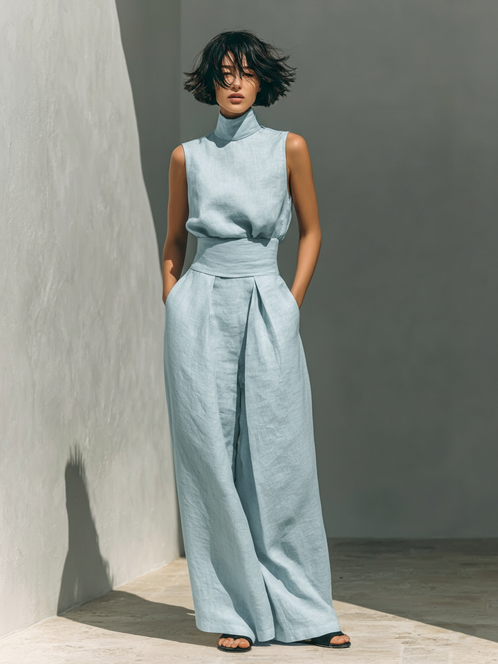 Laurine™ | Ensemble avec top et pantalon large en coton et lin dans un style minimaliste pour femmes