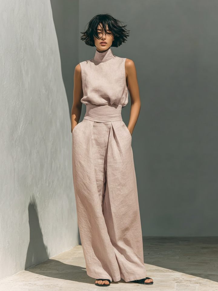 Laurine™ | Ensemble avec top et pantalon large en coton et lin dans un style minimaliste pour femmes