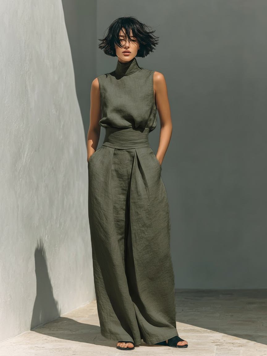 Laurine™ | Ensemble avec top et pantalon large en coton et lin dans un style minimaliste pour femmes