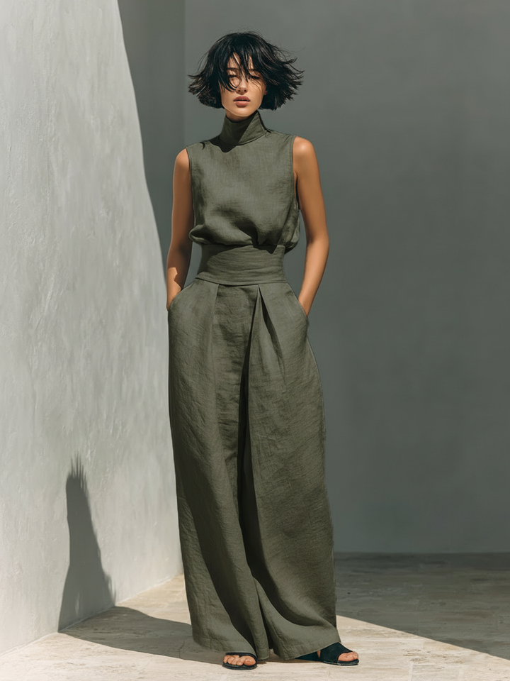 Laurine™ | Ensemble avec top et pantalon large en coton et lin dans un style minimaliste pour femmes