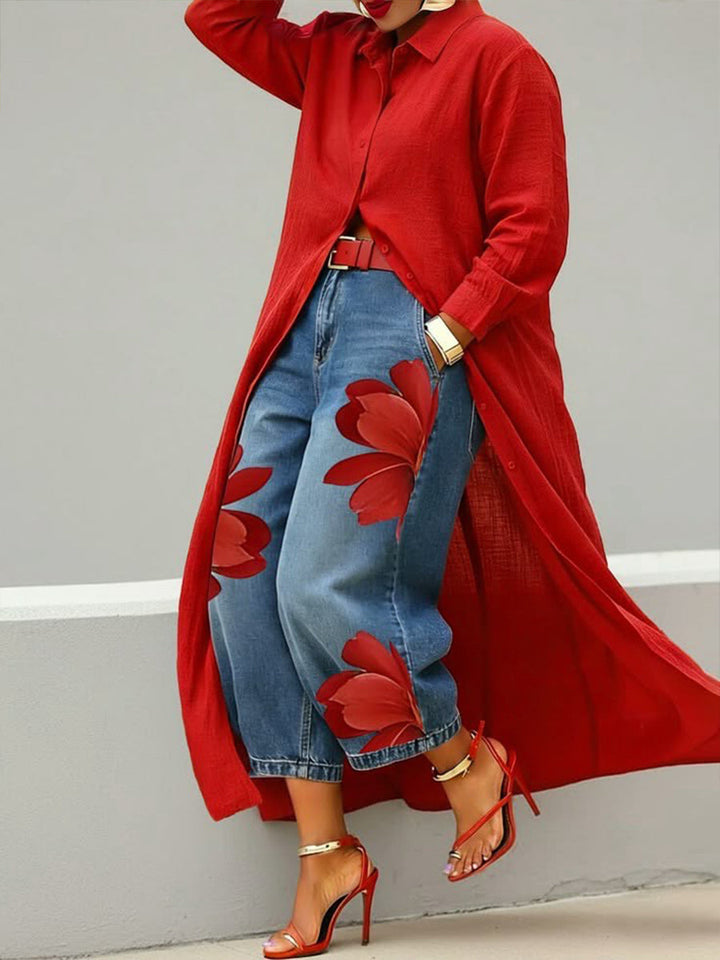 Rosalie™ | Robe Lin Et Ensemble Denim Fleuri