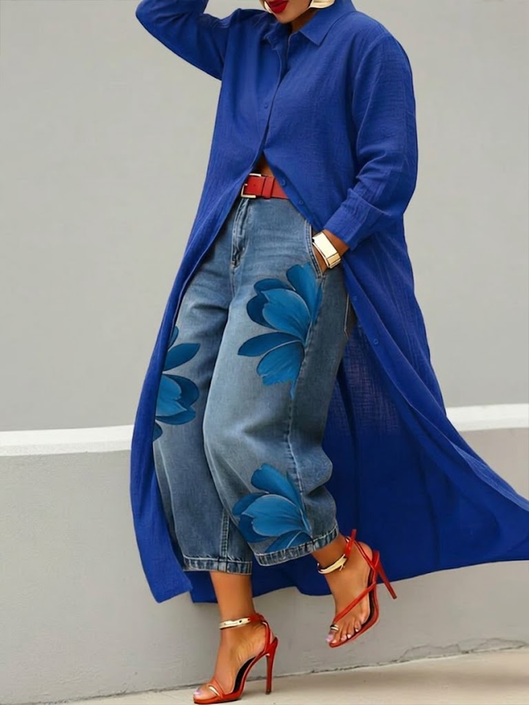 Rosalie™ | Robe Lin Et Ensemble Denim Fleuri